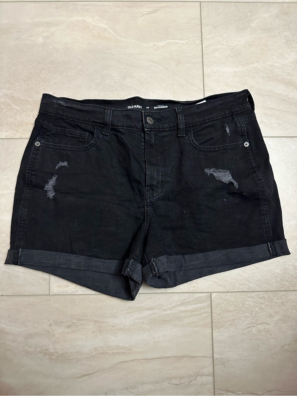 Old Navy Black Distressed Rolled-Hem Jean Mid-Rise Boyfriend Shorts